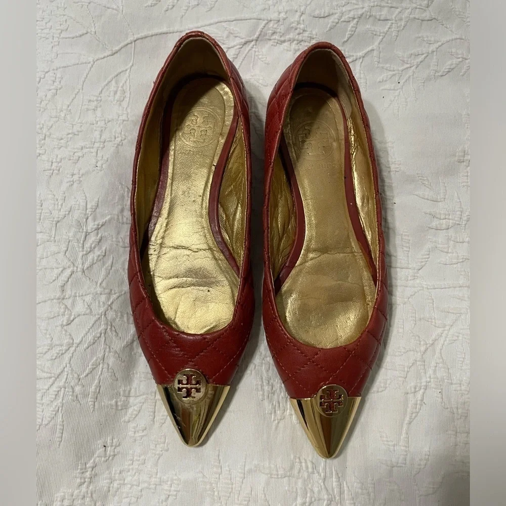 EUC Tory Burch Rust Gold Point Toe Slip On Quilted Ballet Flats Size 6